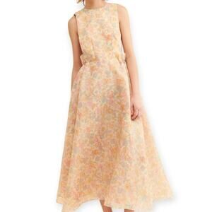 Selkie Puffy Pinafore Yellow Orange Pink Floral Maxi Dress Est Size L / XL